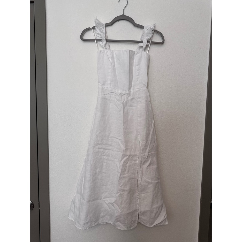 Reformation White Linen Midi Dress Ruffle Strap Slit Cottagecore Summer Sz 0 kk - Picture 2 of 9